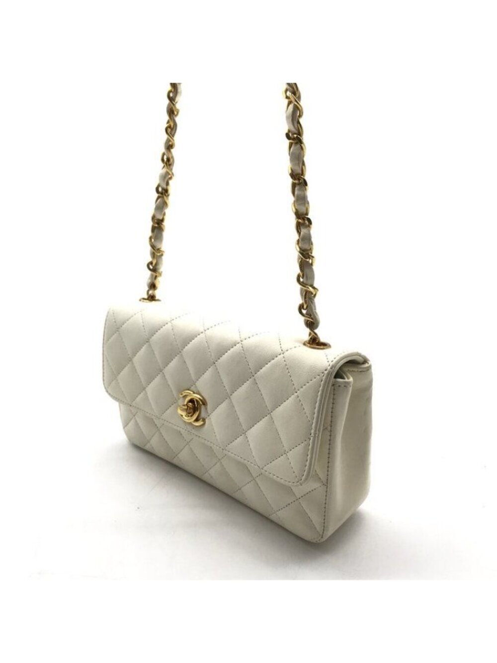 Chanel CC Logo Mini Quilted Lambskin Chain Shoulder Bag Turnlock White - Picture 3 of 10